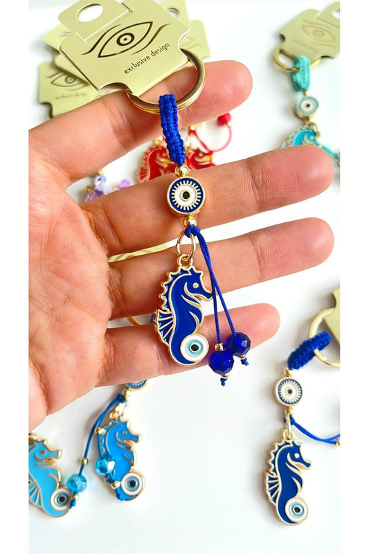 Ivy Gold-Plated Evil Eye Keychain - Navy Seahorse