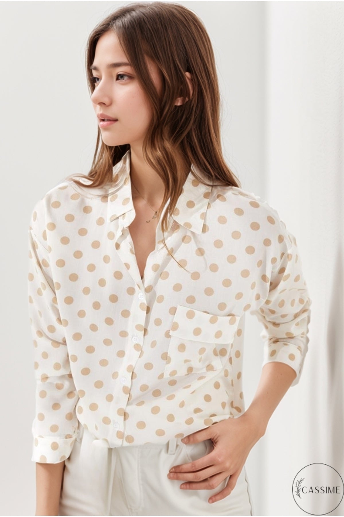 Iris Women's Viscose Relaxed Fit Pocket Shirt - Ecru with Beige Polka Dots