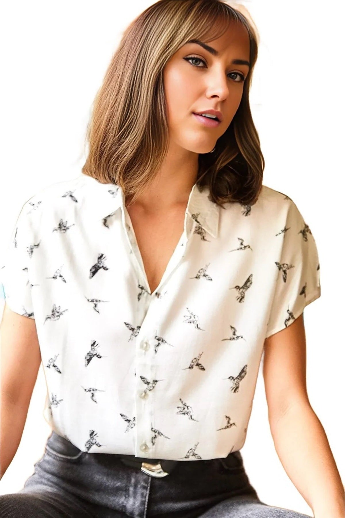 Charlotte Women's Viscose Short Sleeve Batwing Shirt - Bird Print