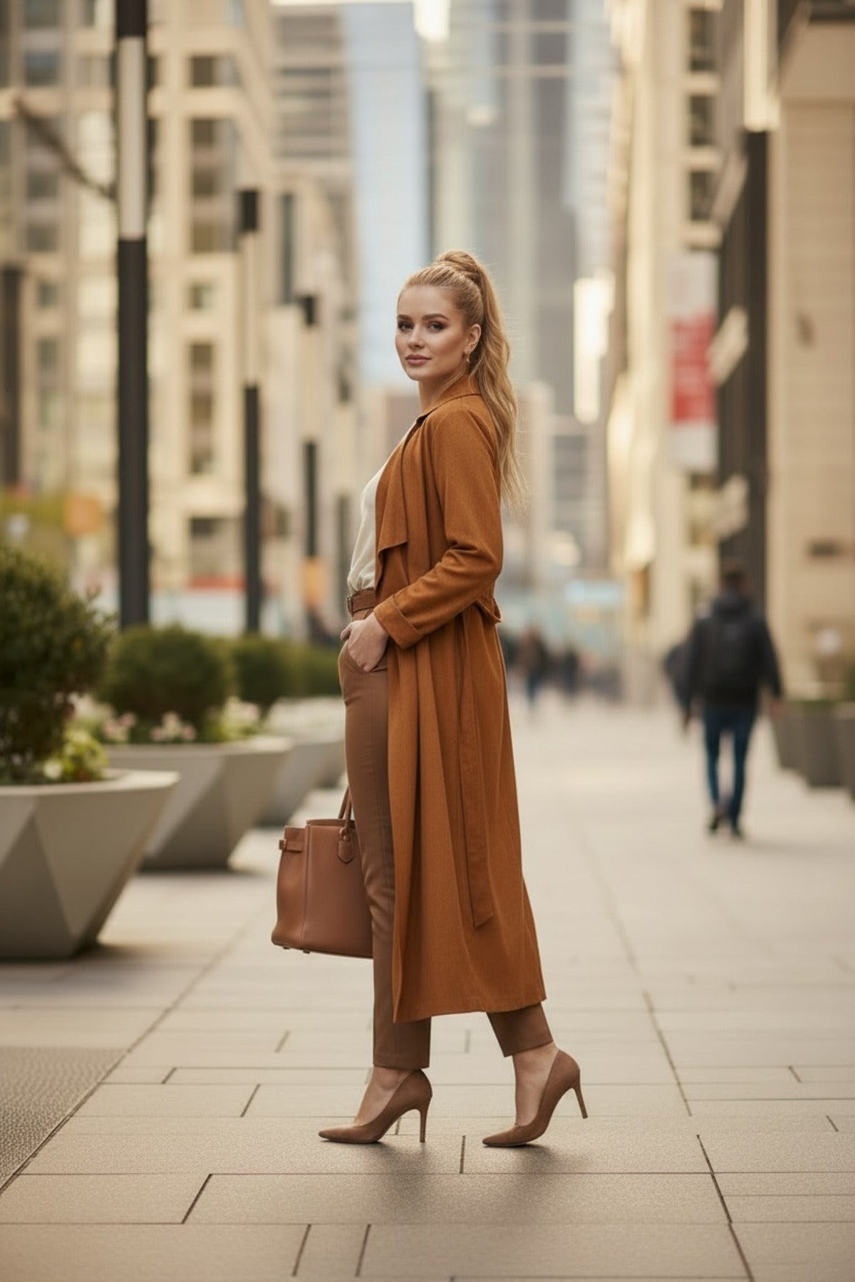 Aisha Women's Belted Denim Suede-Effect Trench Coat - Cognac Brown - product image 2