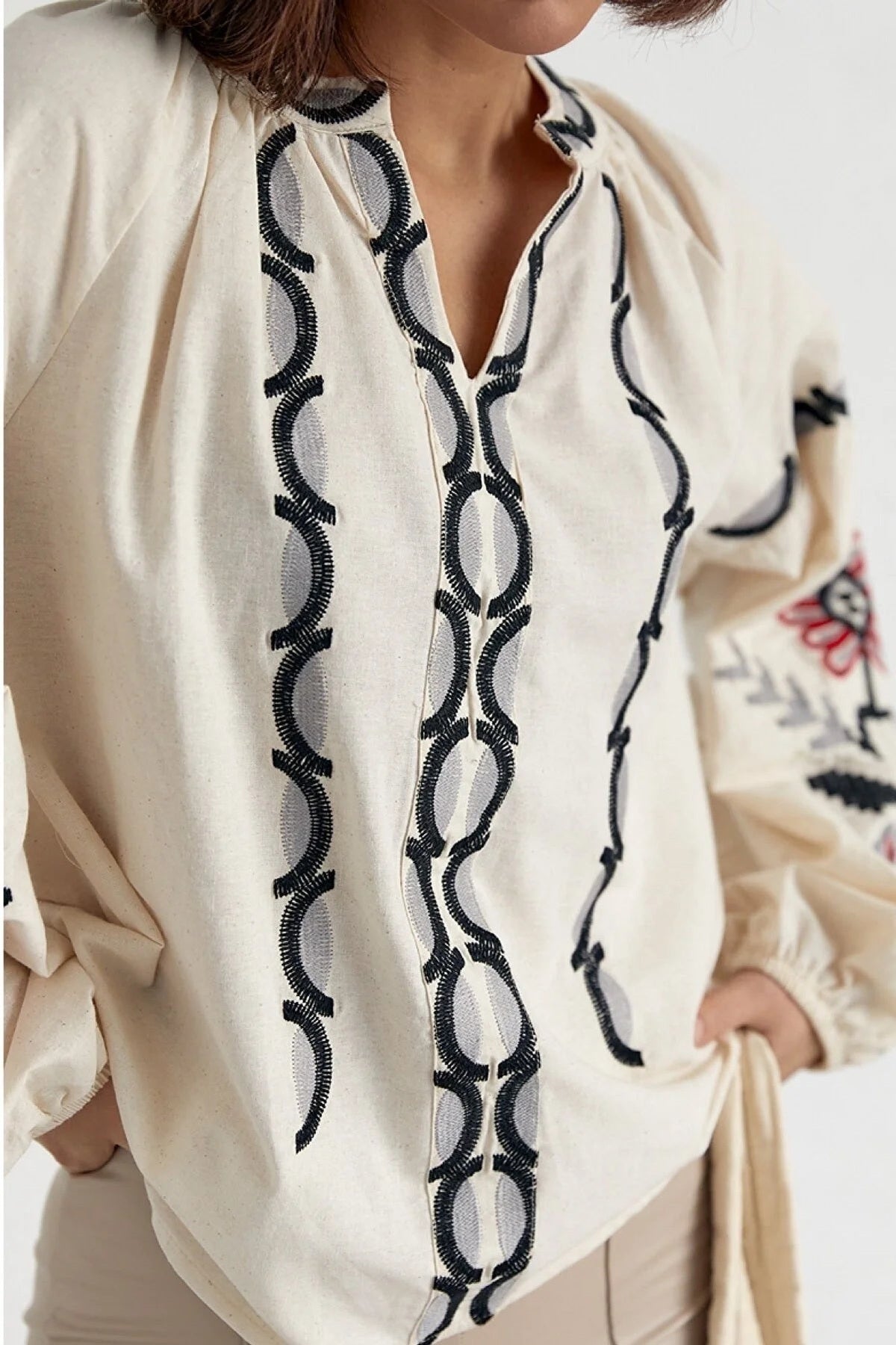 Rosa Women's Cotton Embroidered Long Sleeve Tie Blouse - Cream