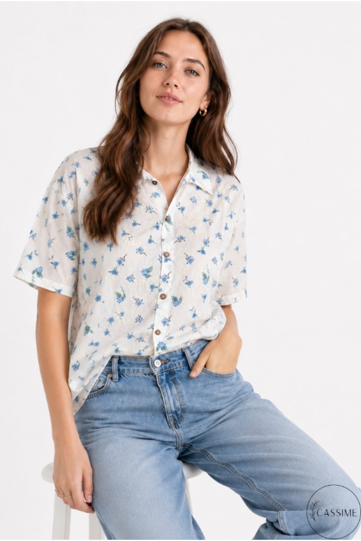 Women's blue mini floral cotton shirt - view 3