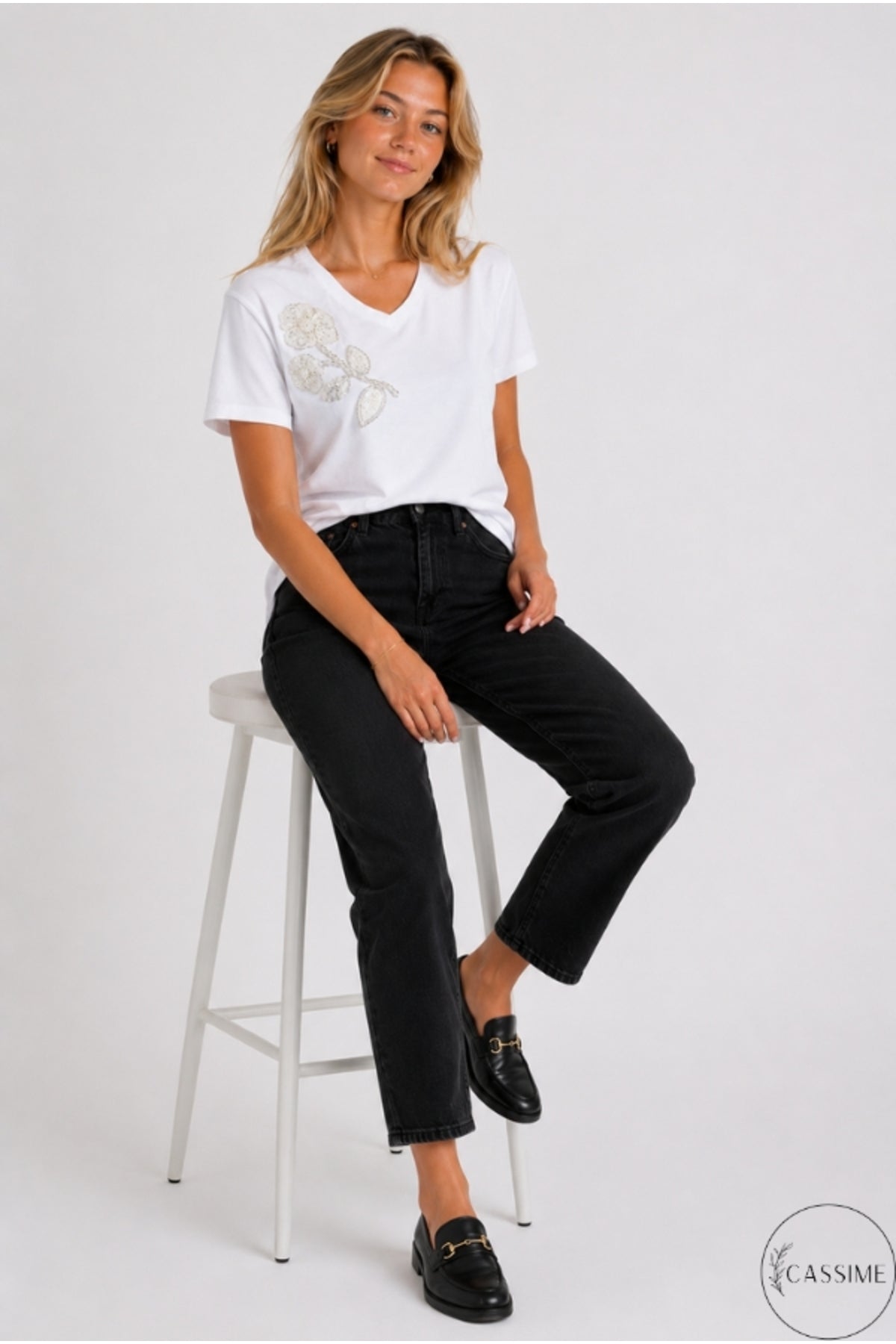 Emma Women's Cotton Embellished T-Shirt - White with Daisy Sequins