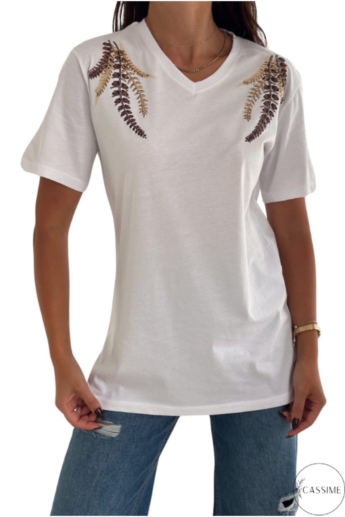 Olivia Women's Cotton Plus Size Embellished V-Neck T-Shirt - Copper Flower Sequin Embellishment