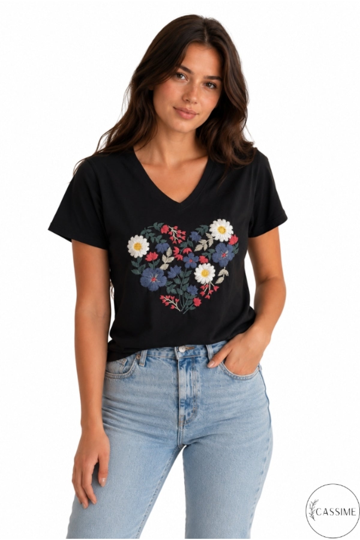 Olivia Women's Cotton Plus Size Embellished V-Neck T-Shirt - Multicolor with Black Embroidery