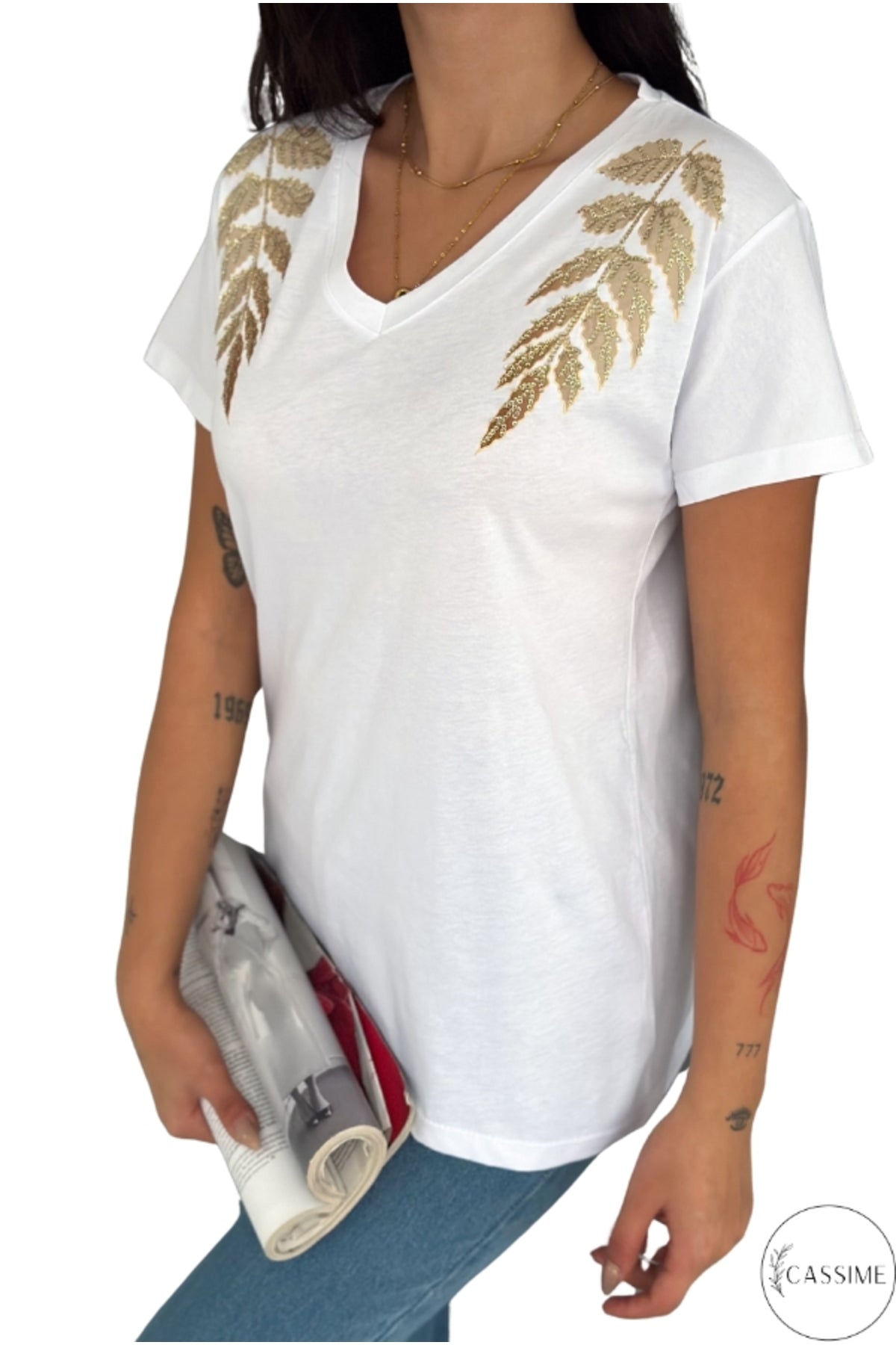 Olivia Women's Cotton Plus Size Embellished V-Neck T-Shirt - White with Gold Leaf Shoulder Sequins