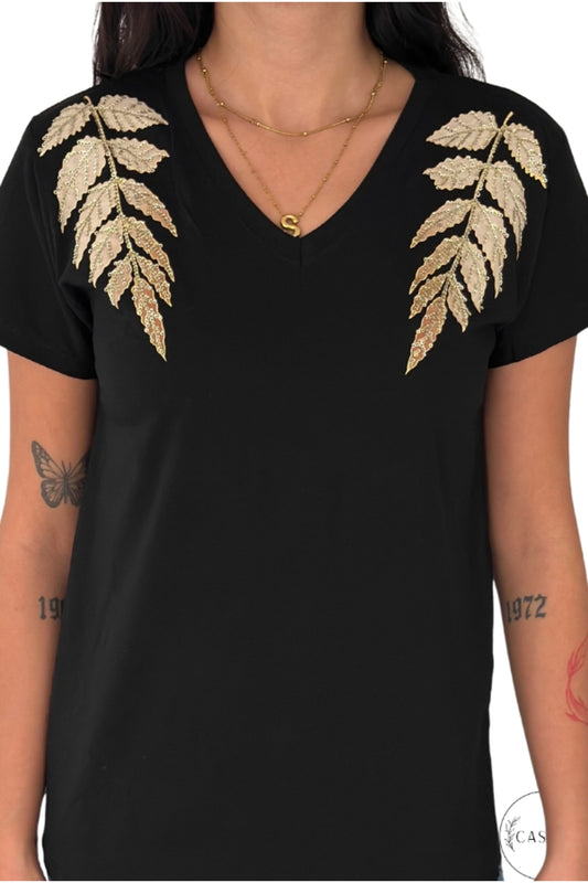 Olivia Women's Cotton Plus Size Embellished V-Neck T-Shirt - Black with Gold Leaf Shoulder Sequins
