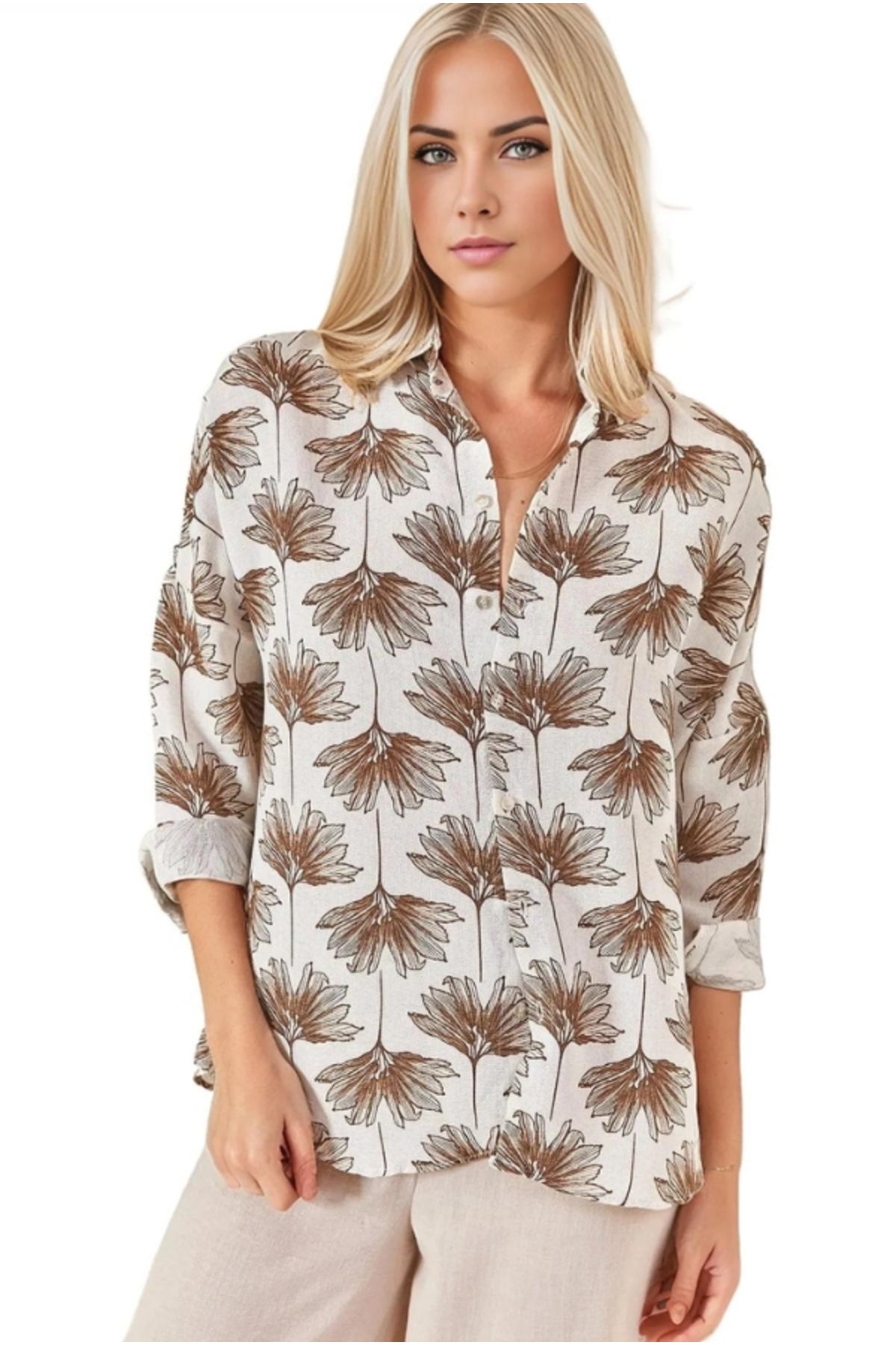 Emilia Women's Linen-Viscose Blend Oversized Printed Shirt - Brown Ginkgo