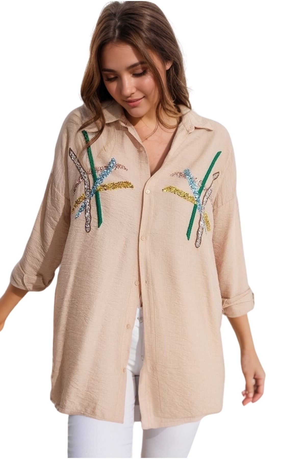 Natasha Women's Embroidered Oversized Shirt - Beige Stripe Print