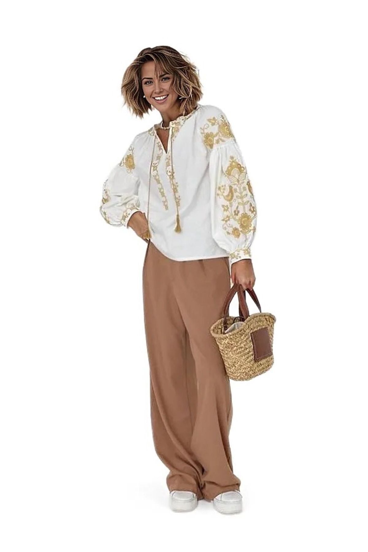 Autumn Women's Bird and Floral Embroidered Tassel Blouse - White