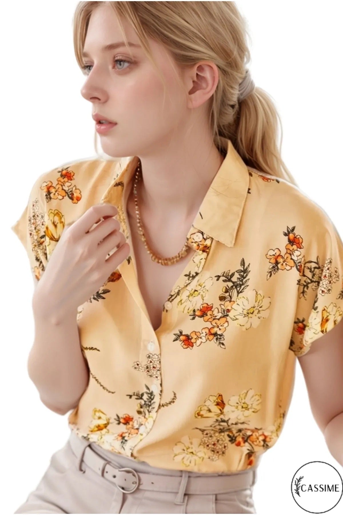 Chloe Women's Floral Short Sleeve Batwing Shirt - Beige Floral