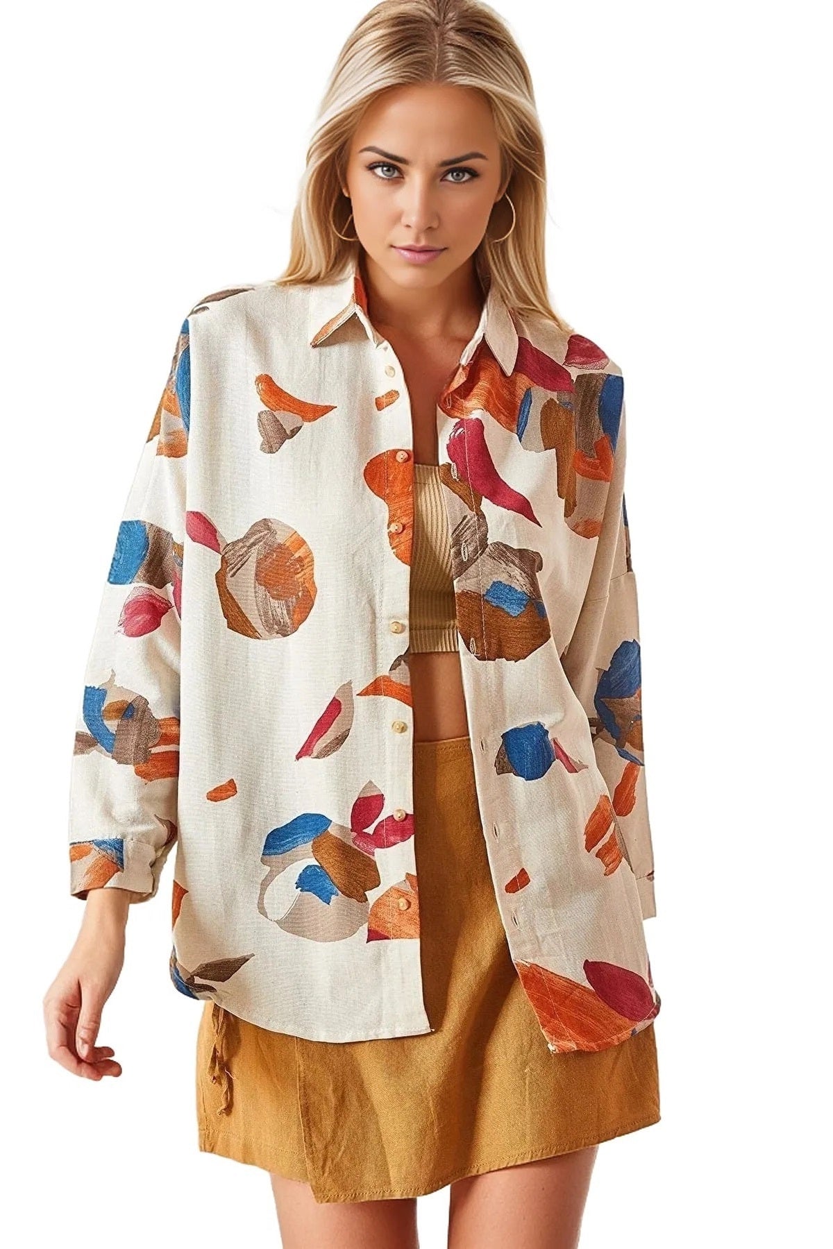 Emilia Women's Linen Oversized Printed Shirt - Watercolor Print