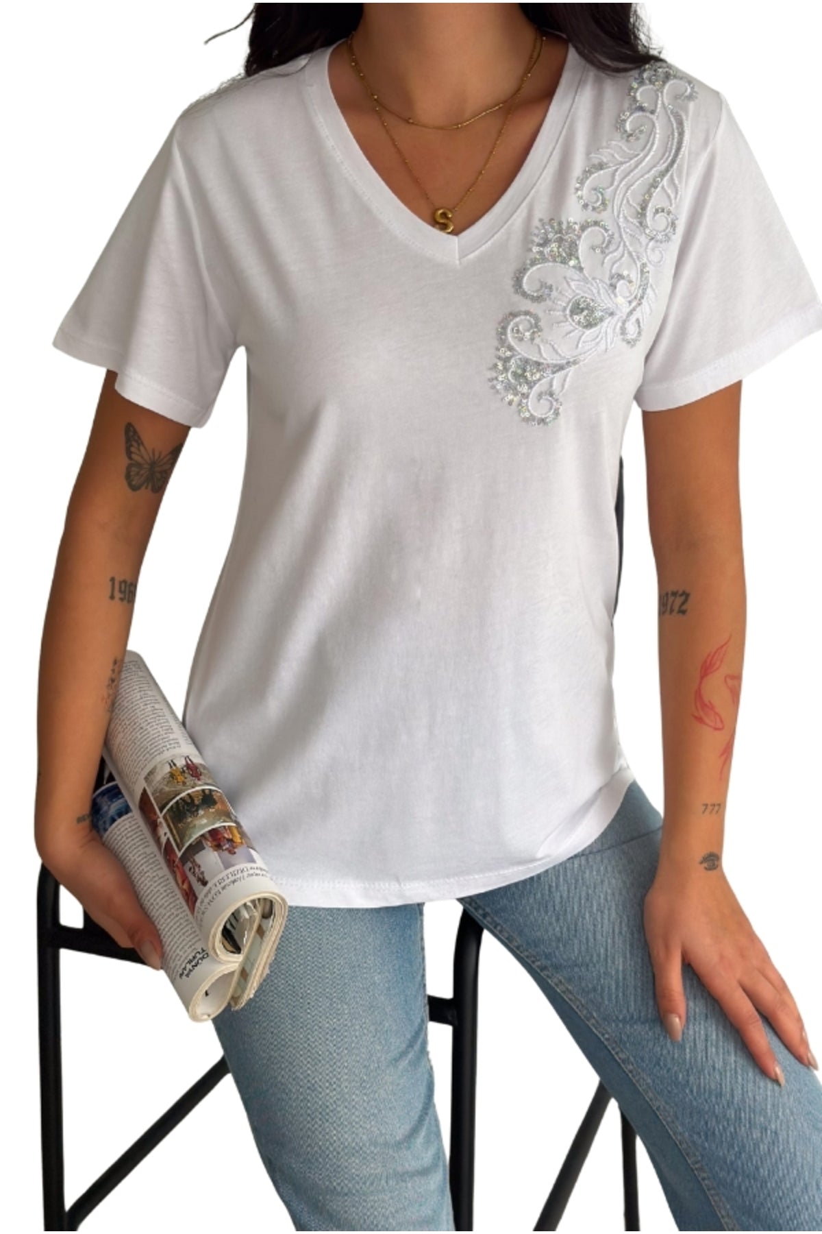 Olivia Women's Cotton Plus Size Embellished V-Neck T-Shirt - White with Shoulder Sequins