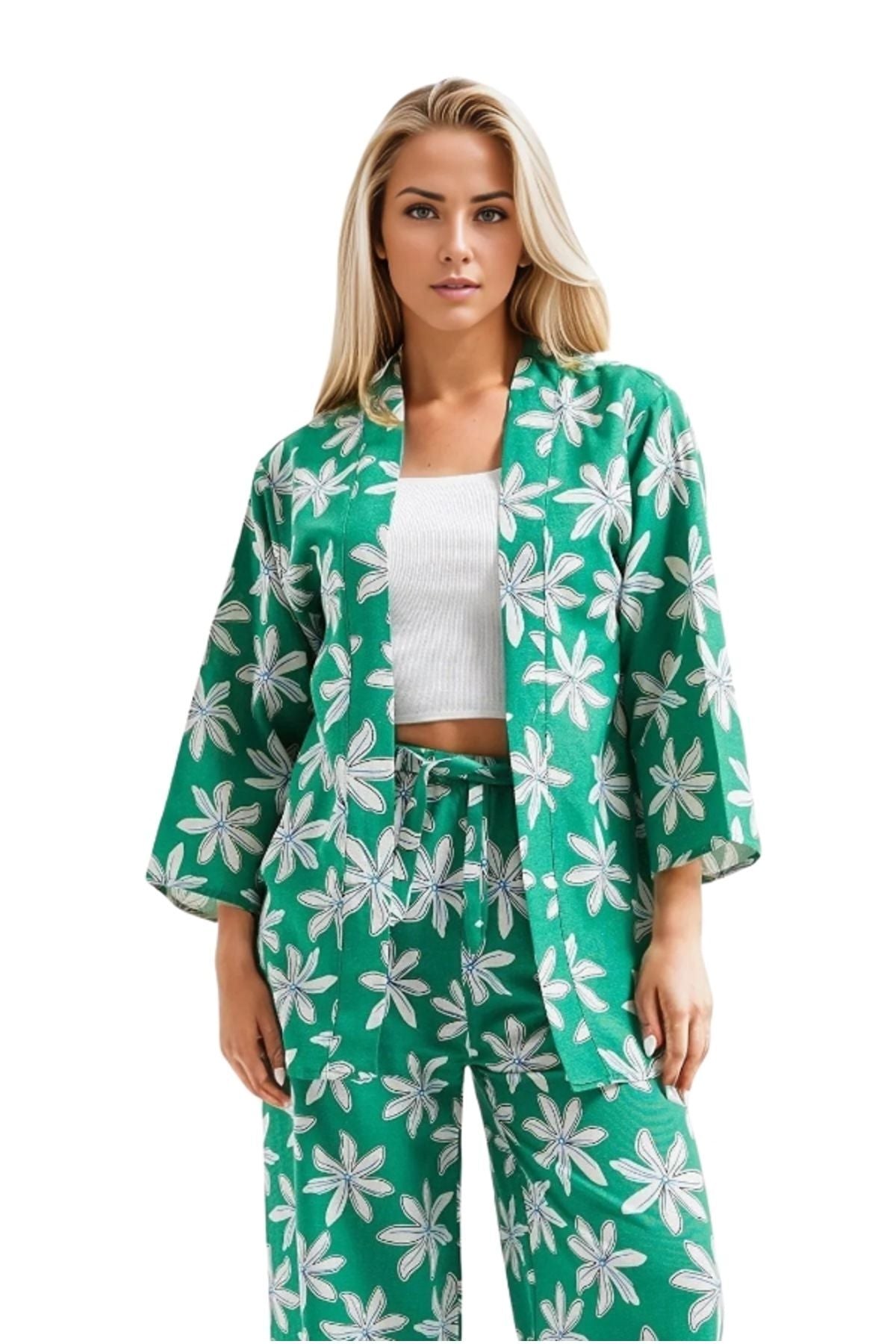 Catherine Women's Linen-Viscose Blend Relaxed Fit Kimono - Green Floral