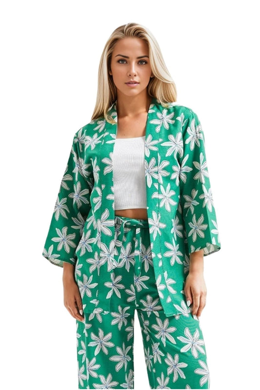 Catherine Women's Linen-Viscose Blend Relaxed Fit Kimono - Green Floral