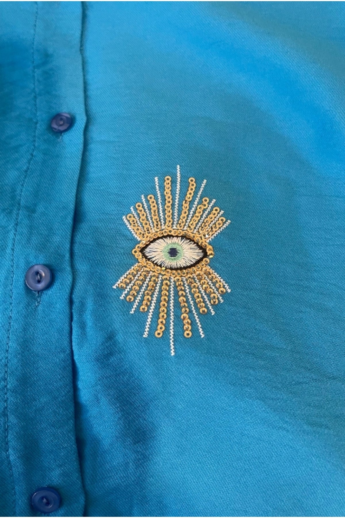 Delilah Women's Cotton Oversized Embellished Long Sleeve Shirt - Turquoise