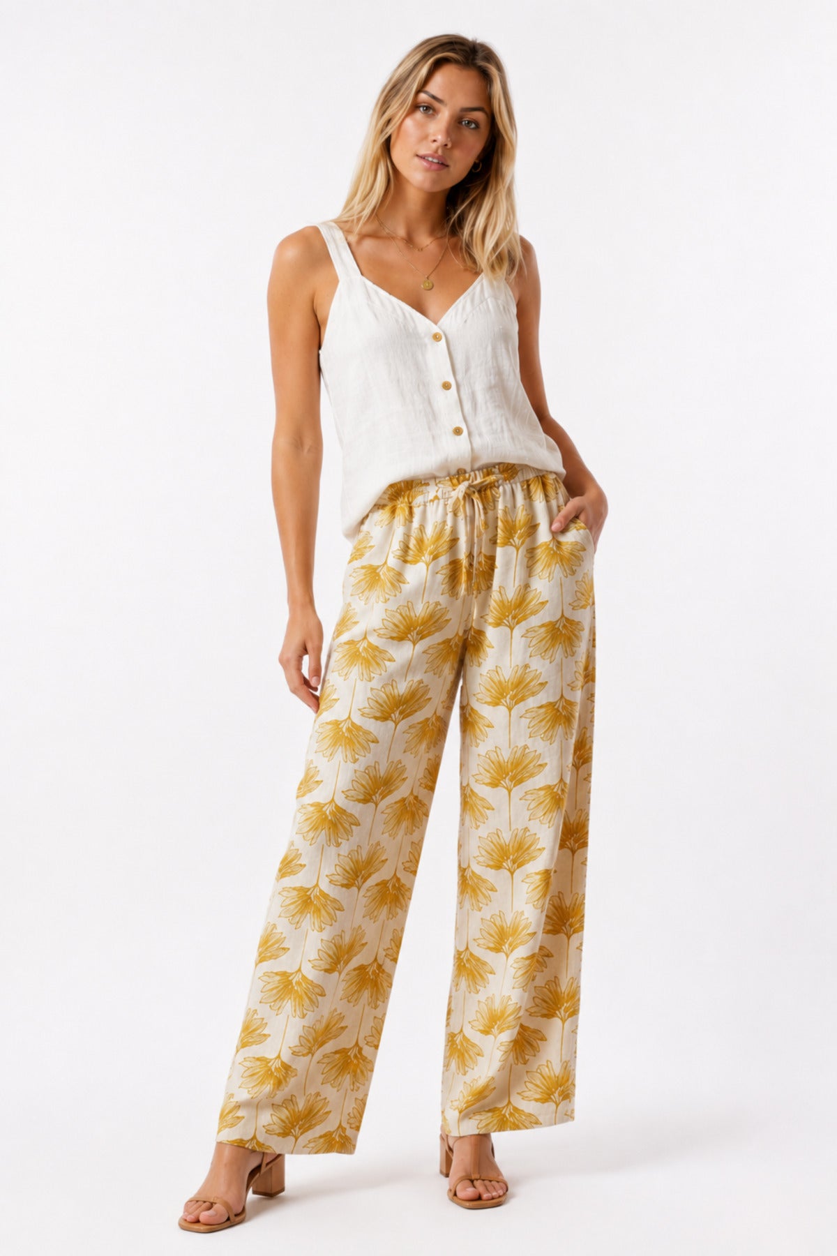 Lucy Women's Linen-Viscose Blend Wide Leg Palazzo Pants - Yellow Ginkgo