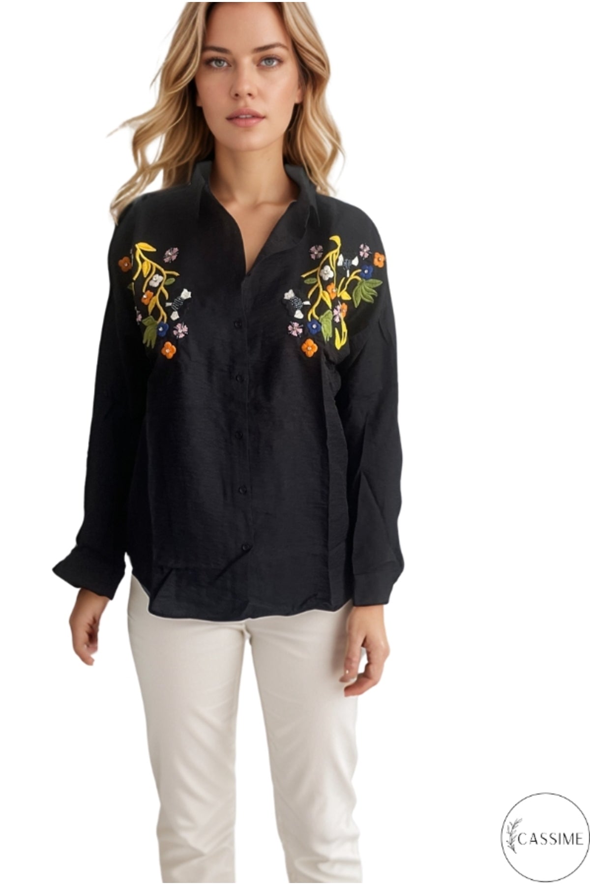 Claire Women's Floral Embellished Button-Up Shirt - Black Floral Embroidery
