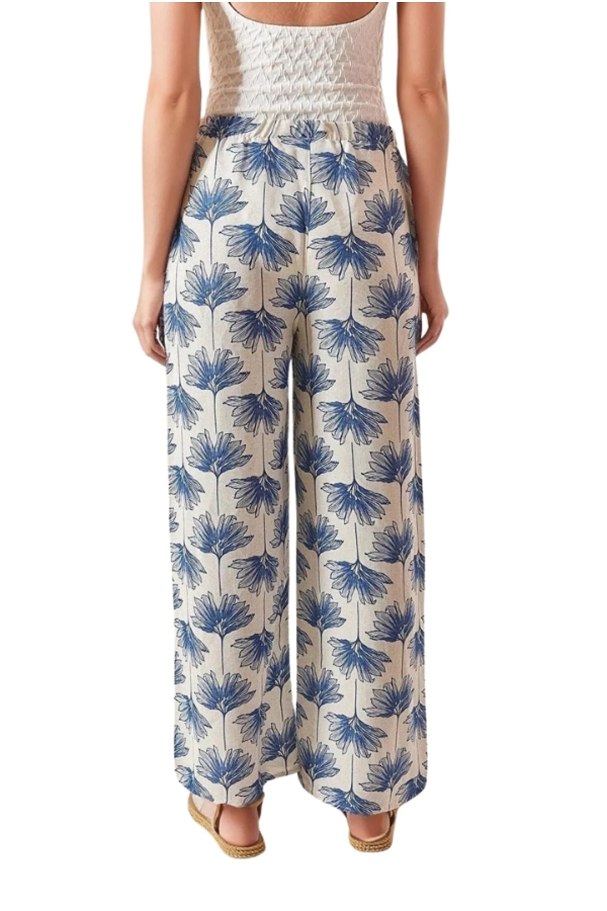 Lucy Women's Linen Blend Wide Leg Palazzo Pants - Cream with Blue Floral Print