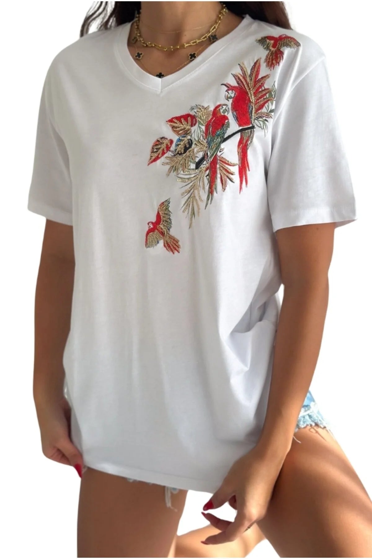 Camiseta de algodón Tilda con diseño floral de loros blancos