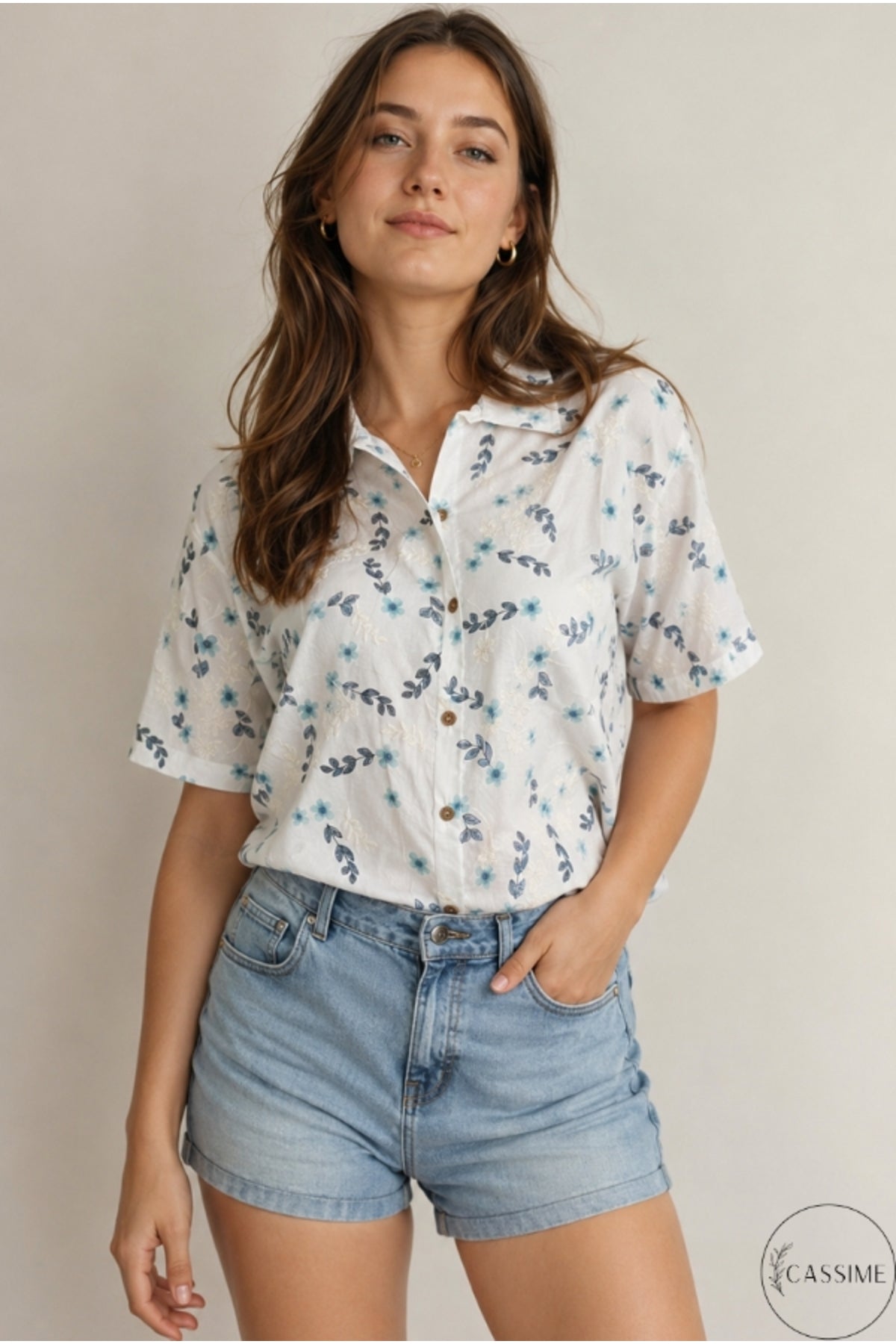 Alice Women's Floral Short Sleeve Shirt - Blue Ditsy Floral Embroidery