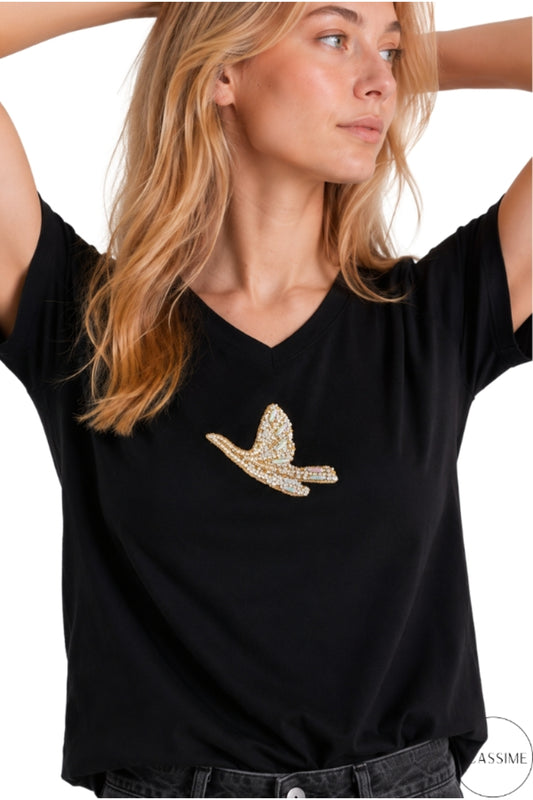 Emma Women's Embellished T-Shirt - Gold Bird and Rhinestone Detail