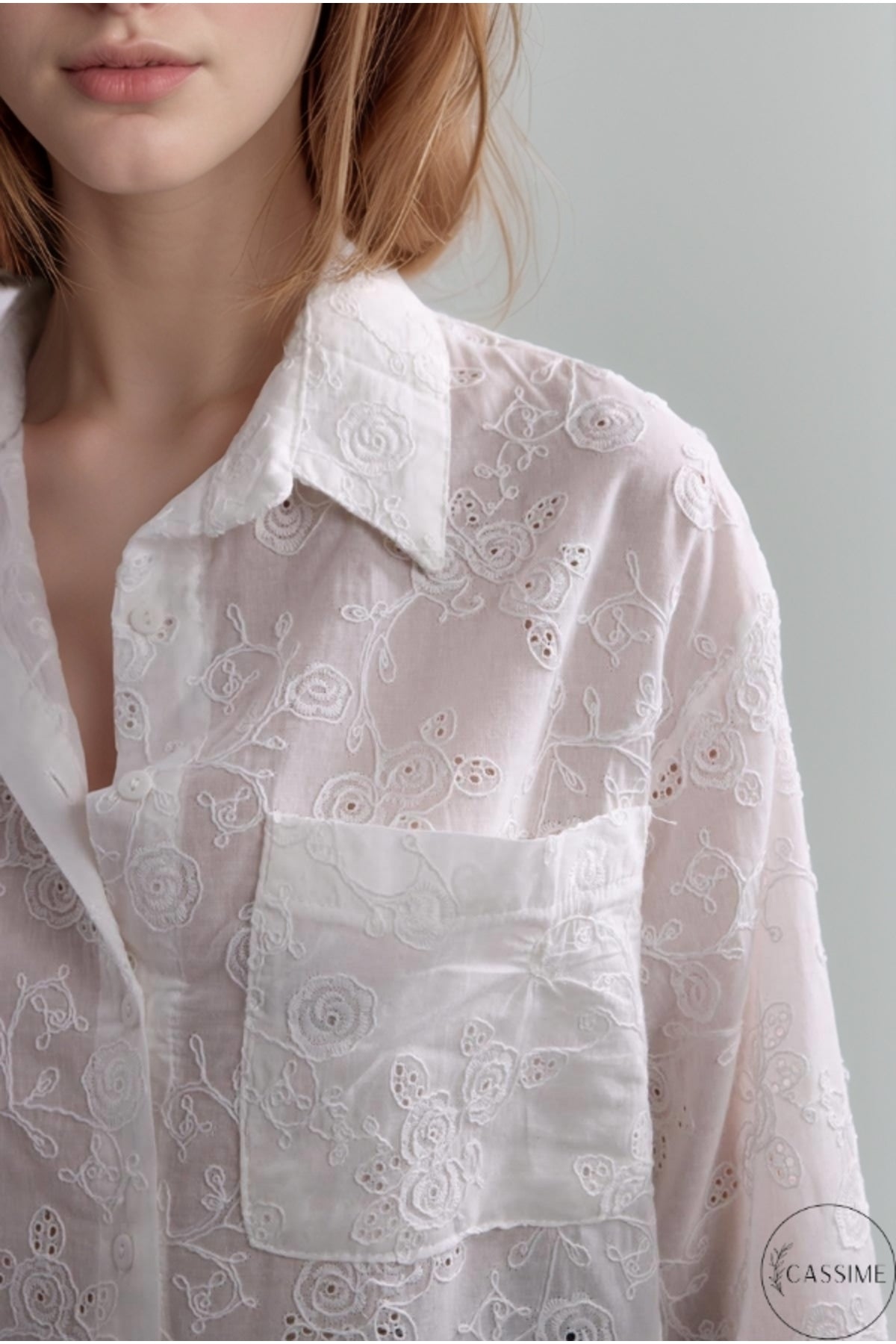 Florence Women's Cotton Floral Embroidered Pocket Shirt - White Floral