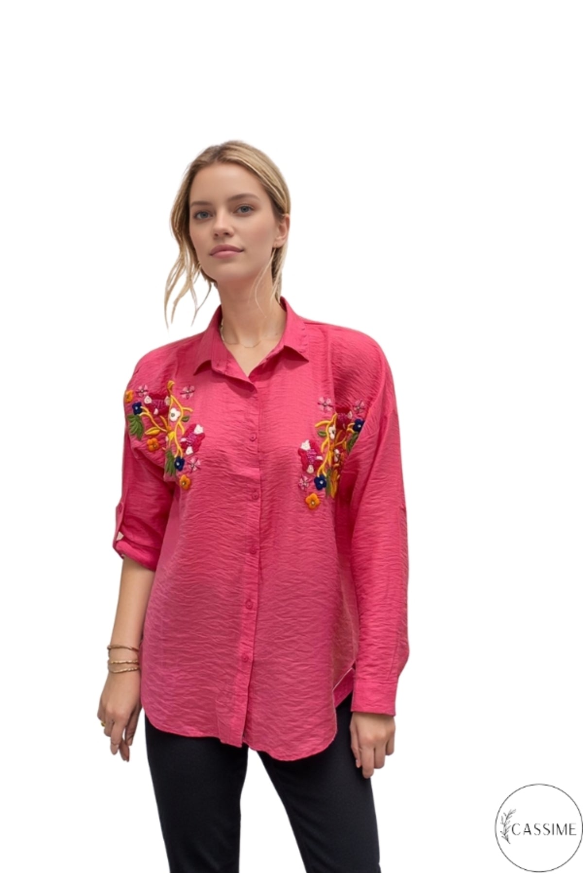 Claire Women's Floral Embellished Button-Up Shirt - Fuchsia Floral Embroidery