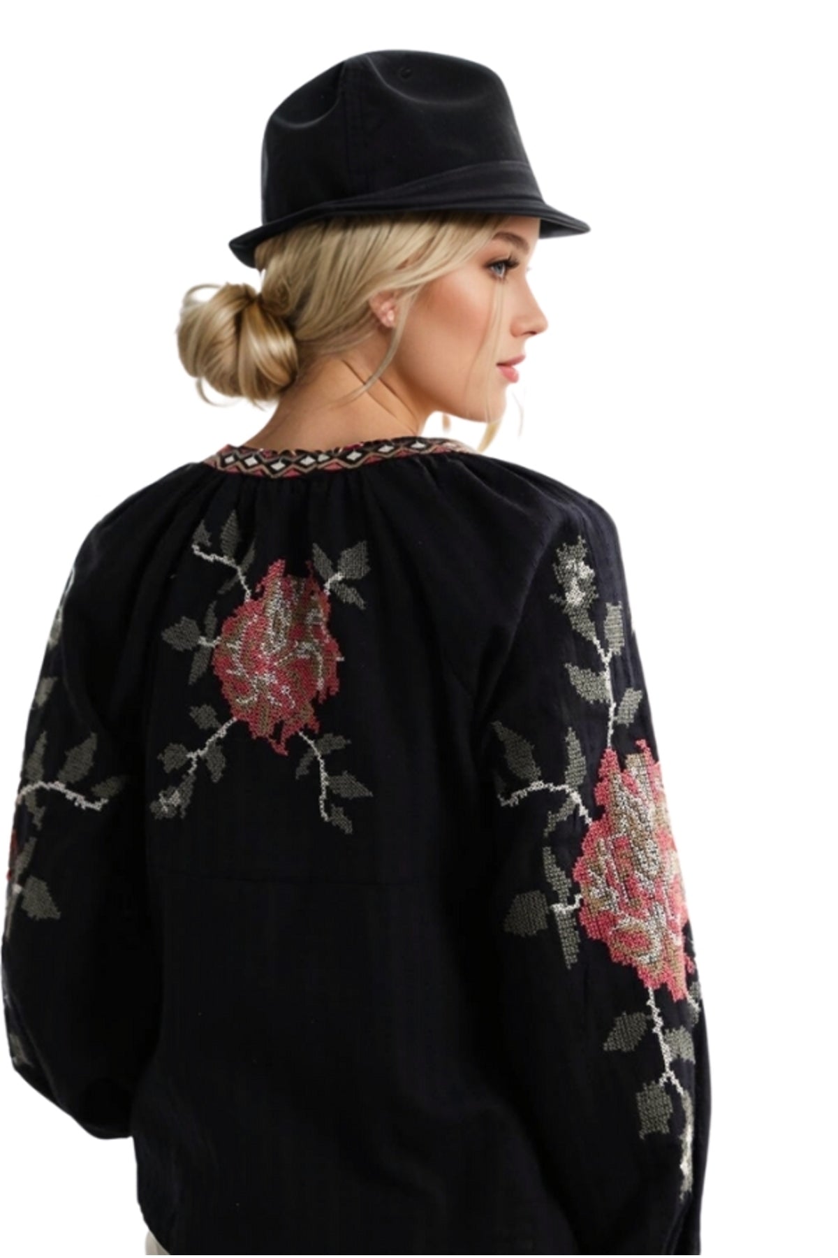 Lilian Women's Cotton-Linen Blend Rose Embroidered Tie Blouse - Black
