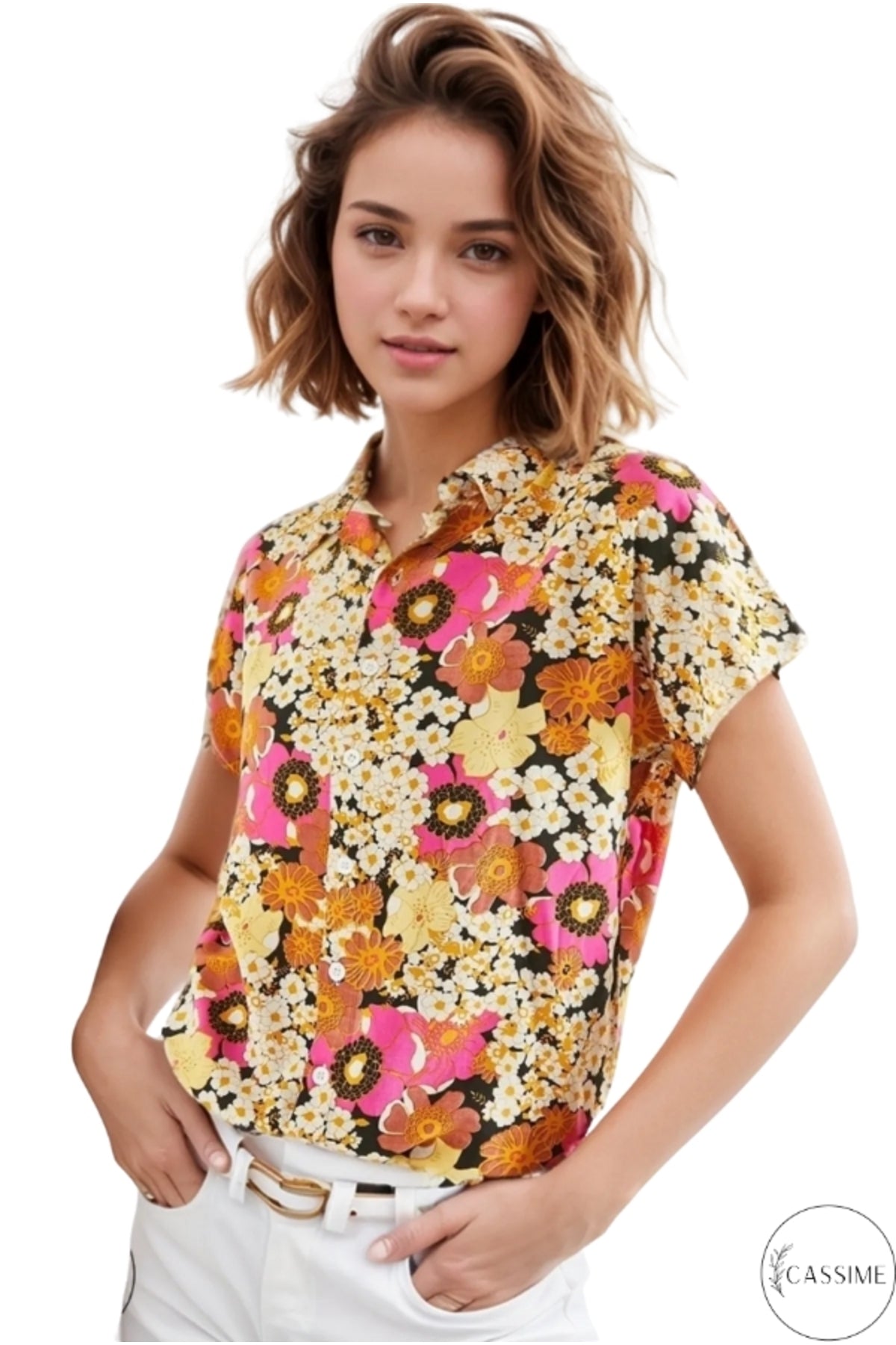 Charlotte Women's Short Sleeve Batwing Shirt - Pink and Orange Daisy Print