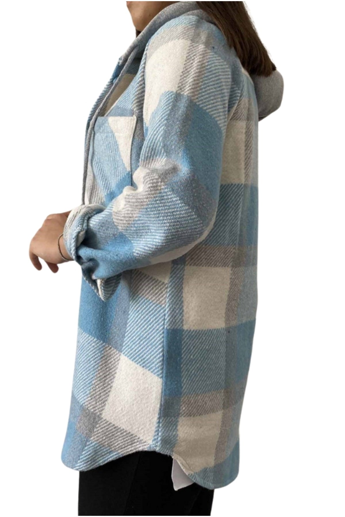 Madeline Women's Hooded Plaid Shacket - Blue