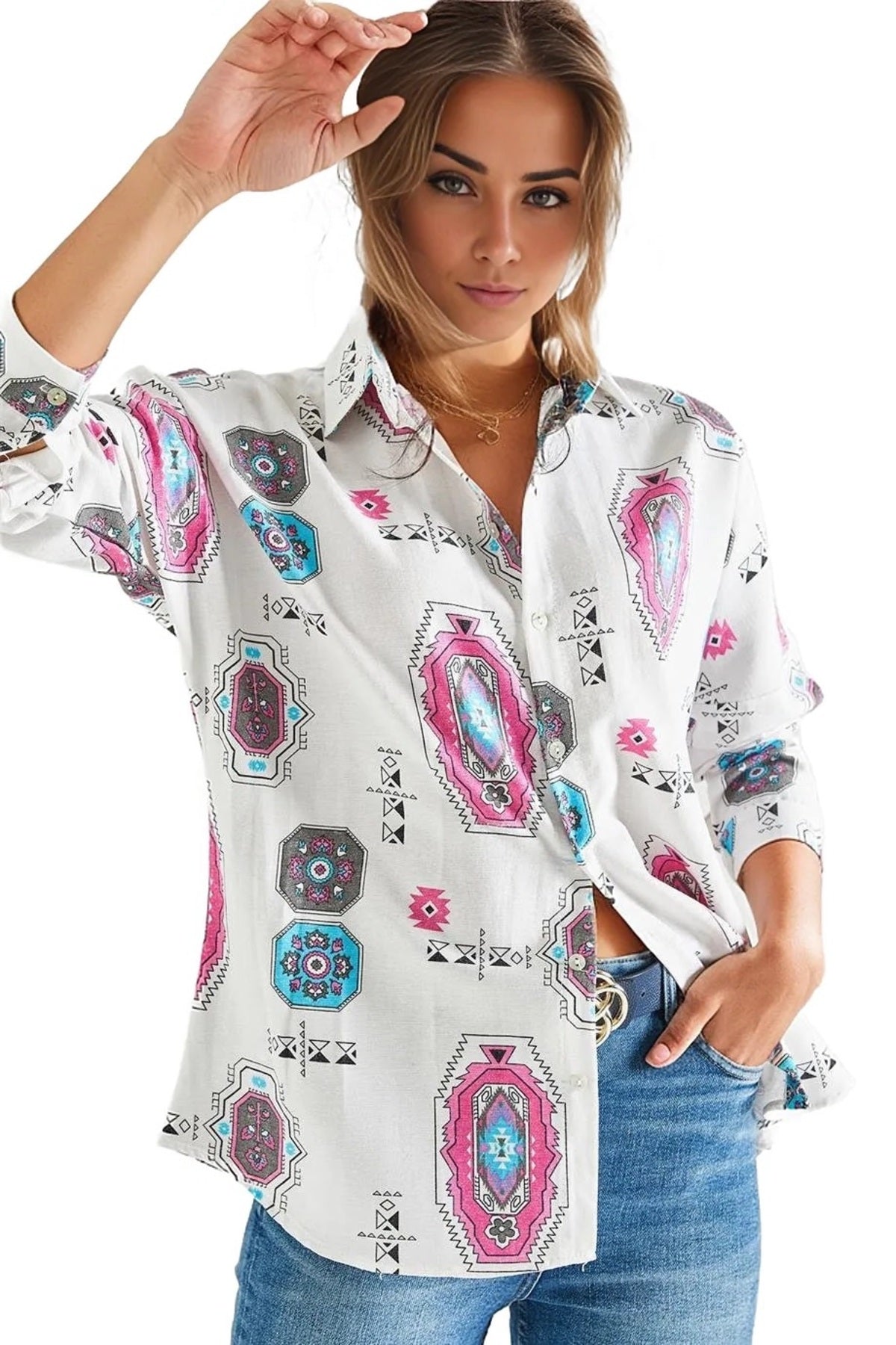 Emilia Women's Linen-Viscose Blend Oversized Printed Shirt - Pink Boho Print