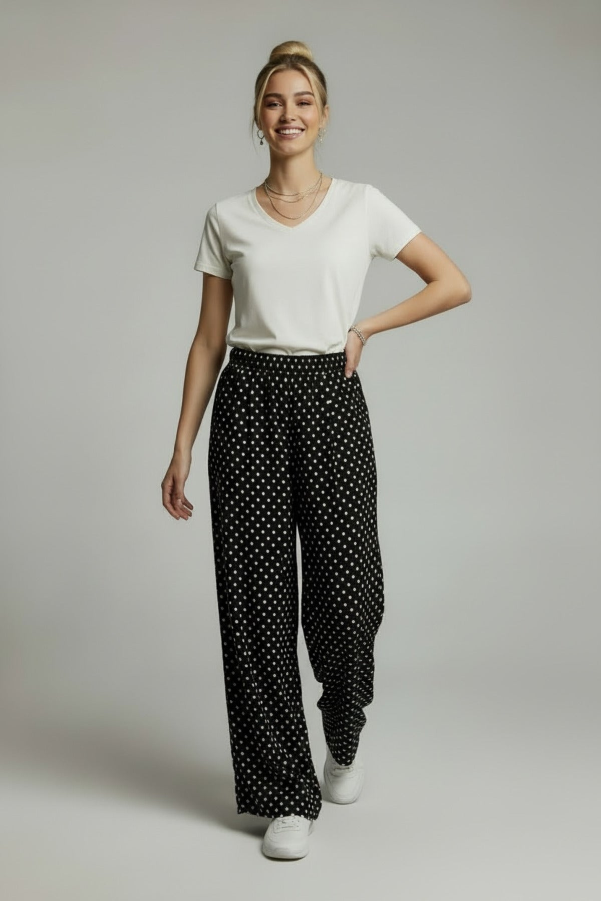 Bethany Women's Viscose High Waist Palazzo Pants - Black with White Polka Dots