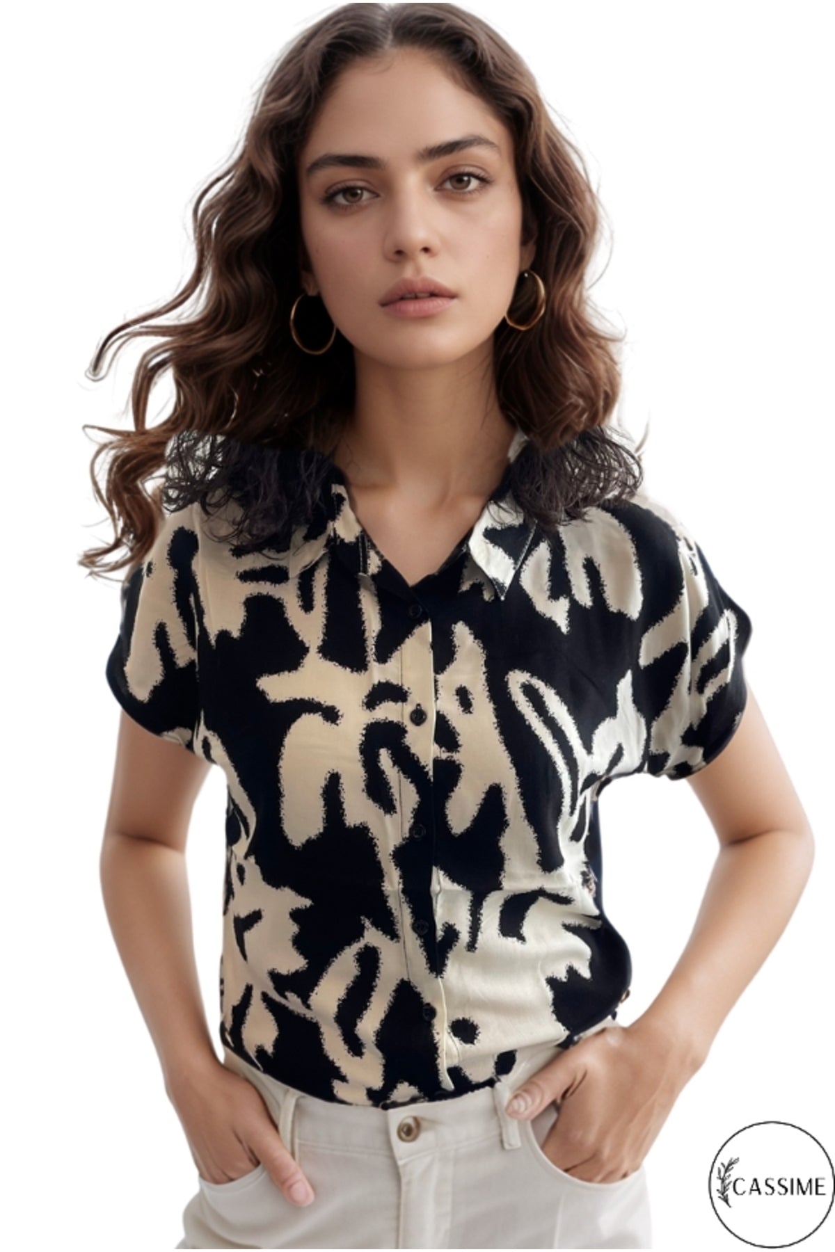 Charlotte Women's Short Sleeve Batwing Shirt - Black and White Print