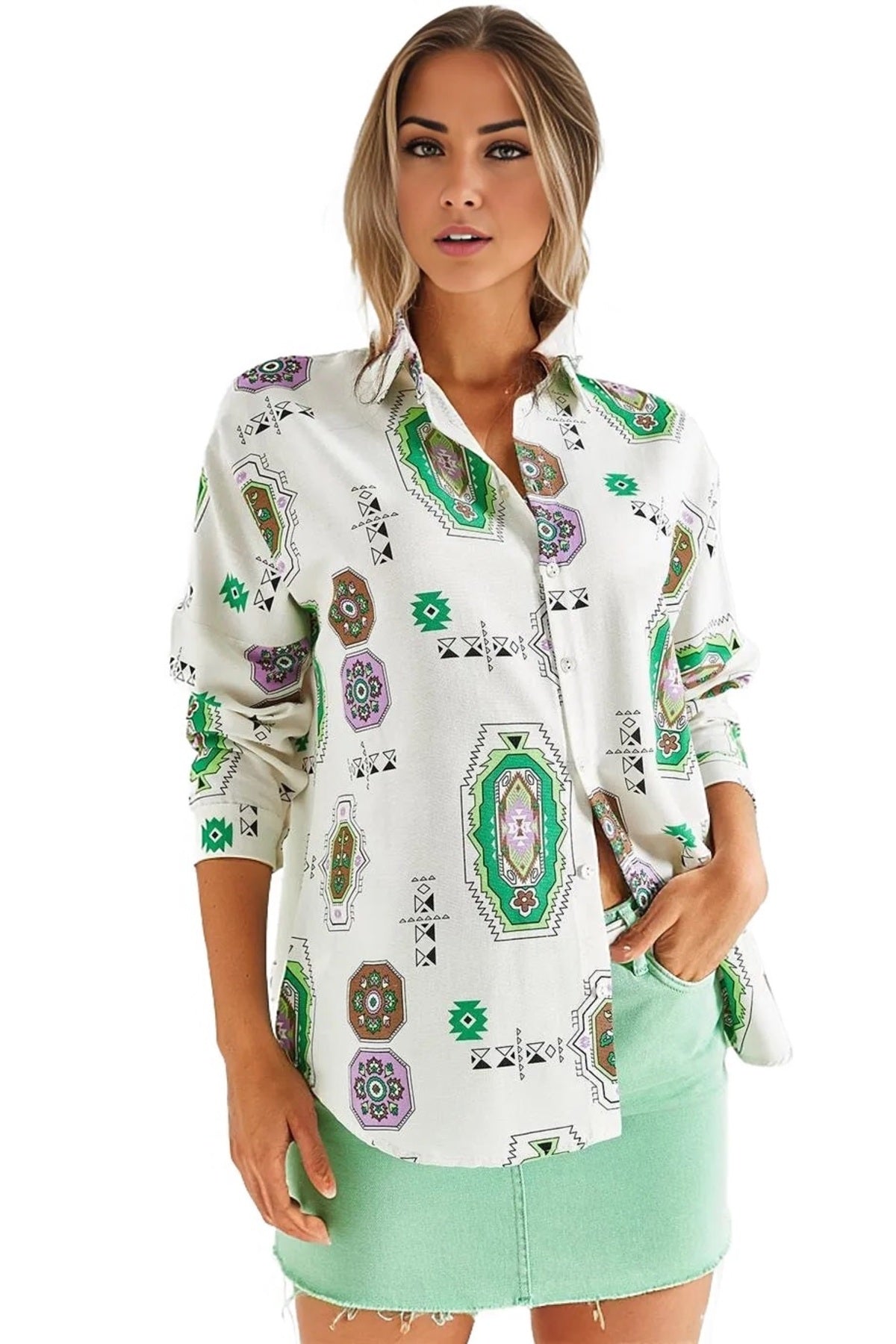 Emilia Women's Linen-Viscose Blend Oversized Printed Shirt - Green Boho Print