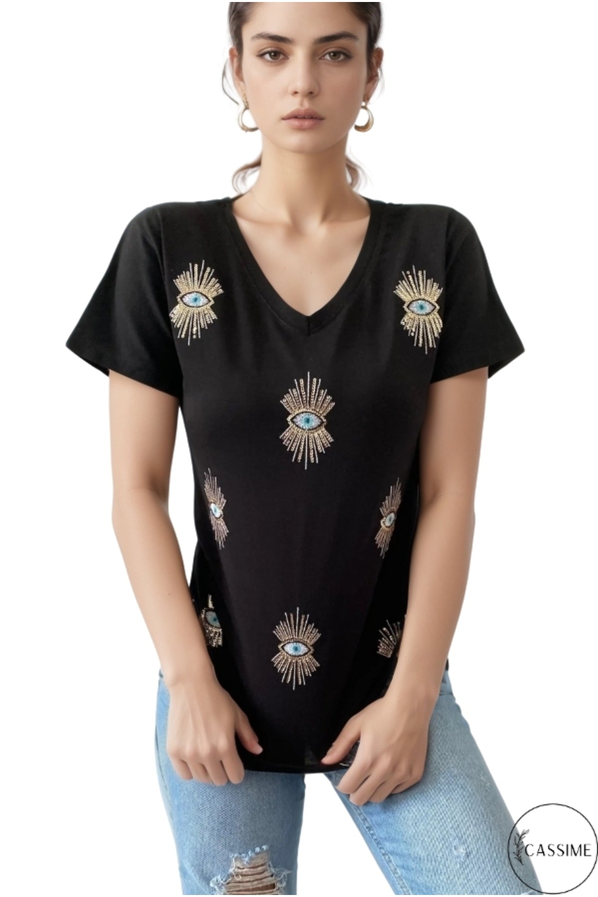 Olivia Women's Plus Size Embellished V-Neck T-Shirt - Black Evil Eye Sequin Embellishment
