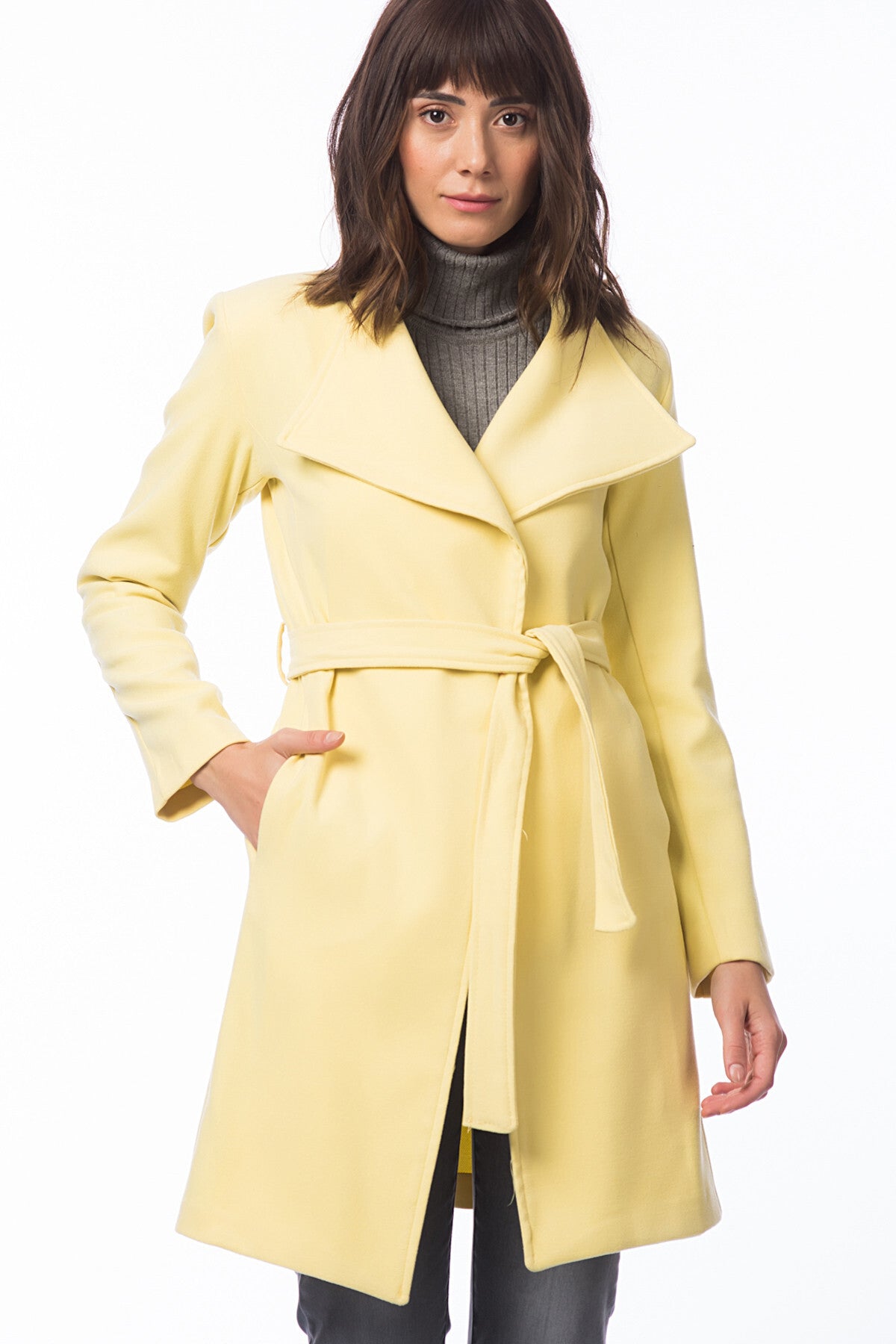 Janice Women's Belted Waterfall Collar Coat - Lemon Yellow - product image 1