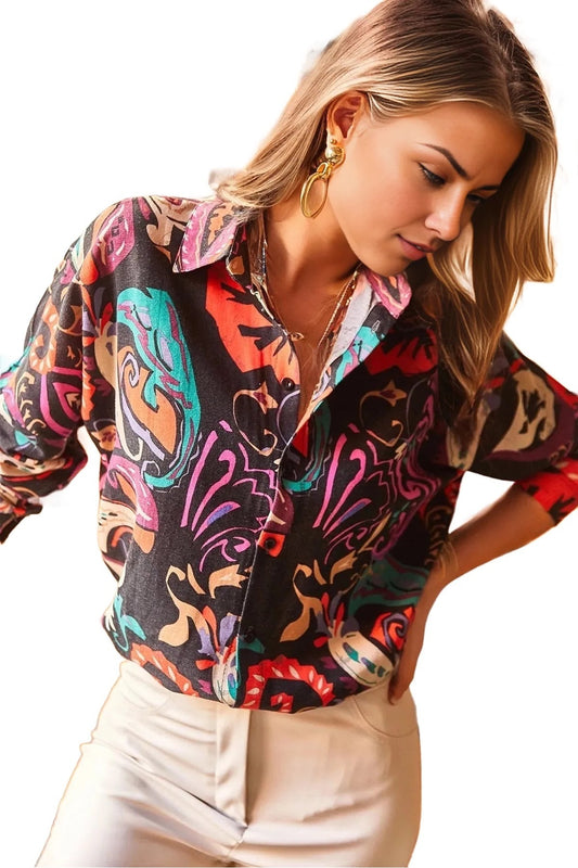 Emilia Women's Linen-Viscose Blend Oversized Printed Shirt - Black and Fuchsia Print