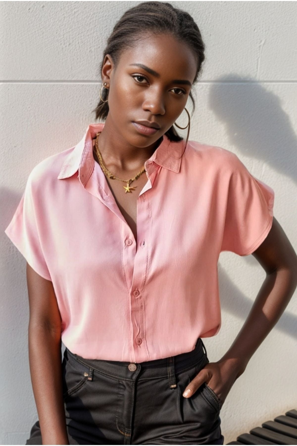 Esme Women's Viscose Short Sleeve Batwing Shirt - Light Pink