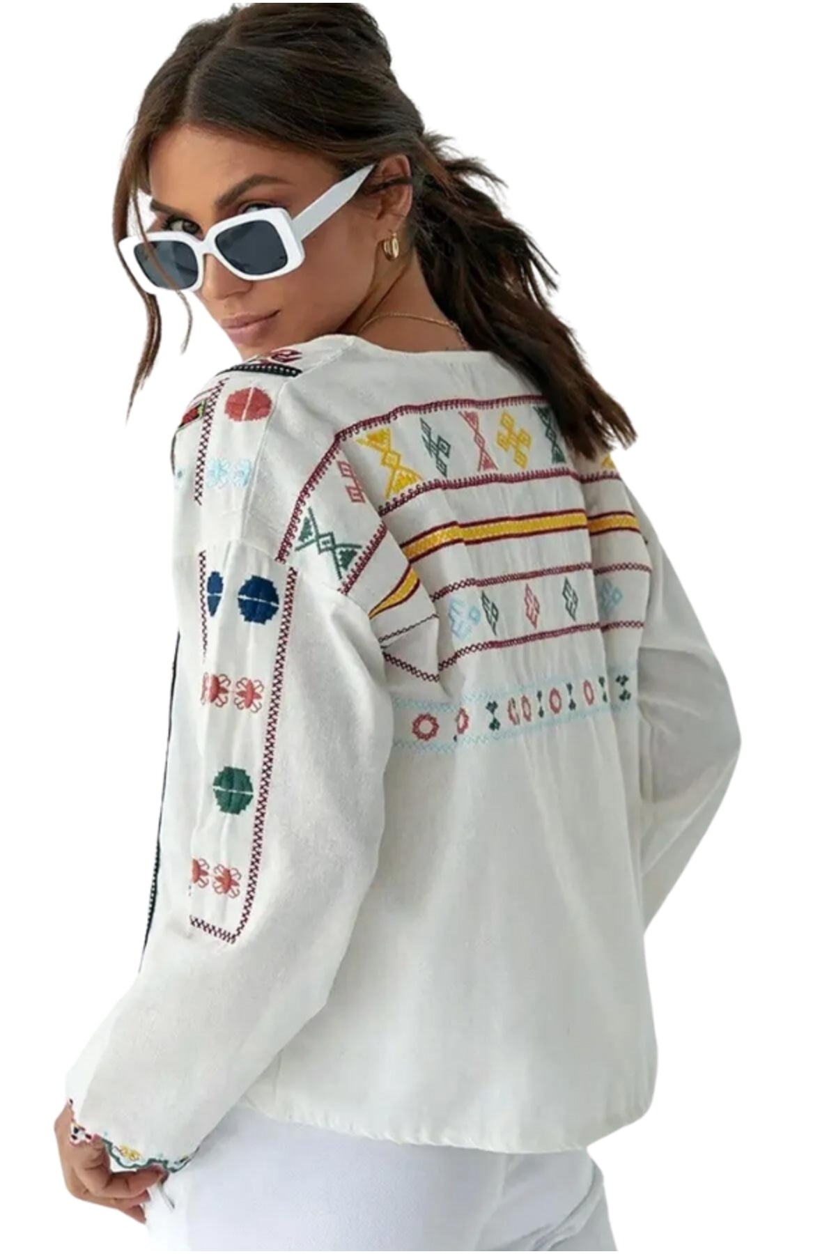 Alexis Women's Cotton-Linen Blend Vintage Inspired Embroidered Blouse - White