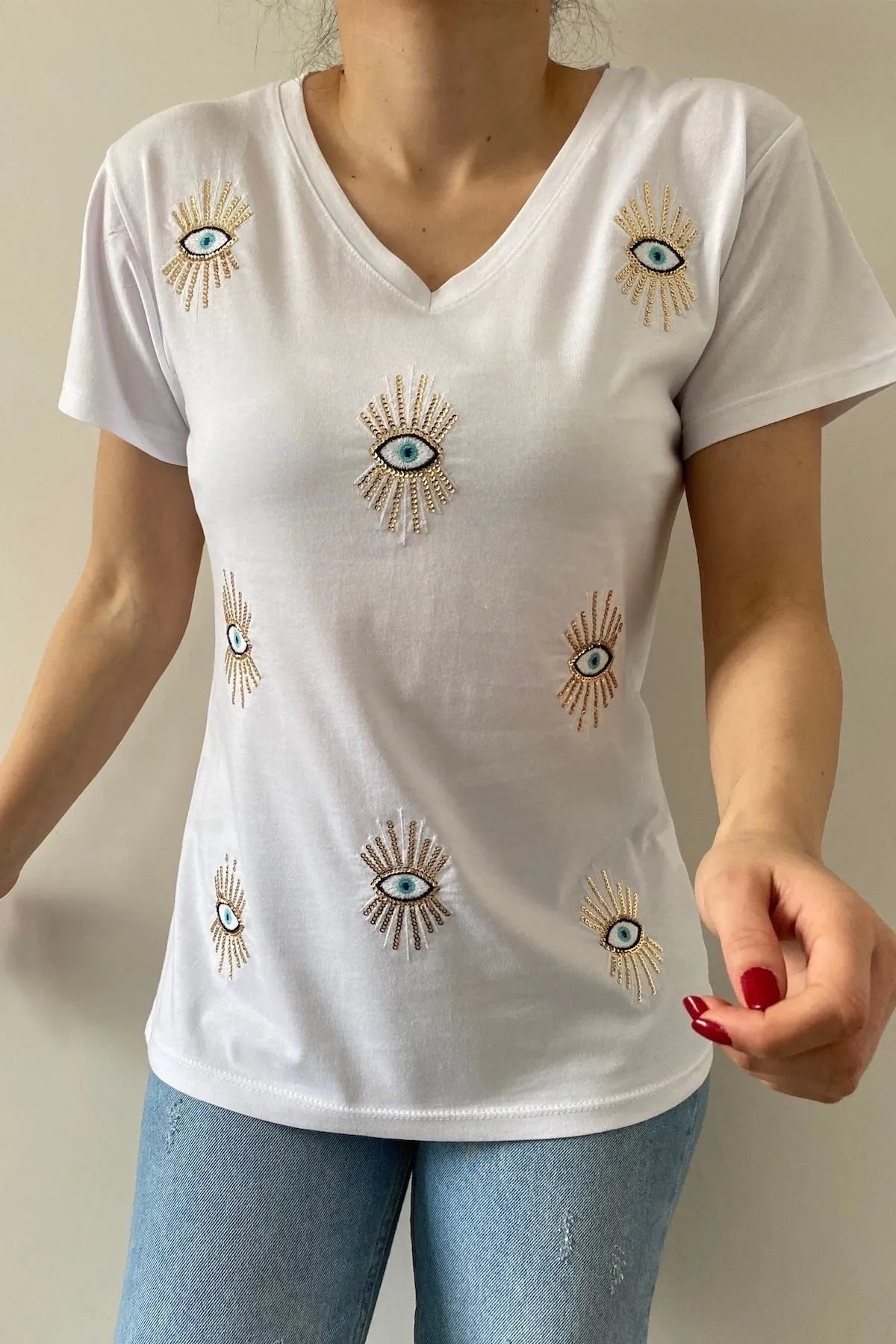 Olivia Women's Plus Size Embellished V-Neck T-Shirt - White Evil Eye Sequin Embellishment