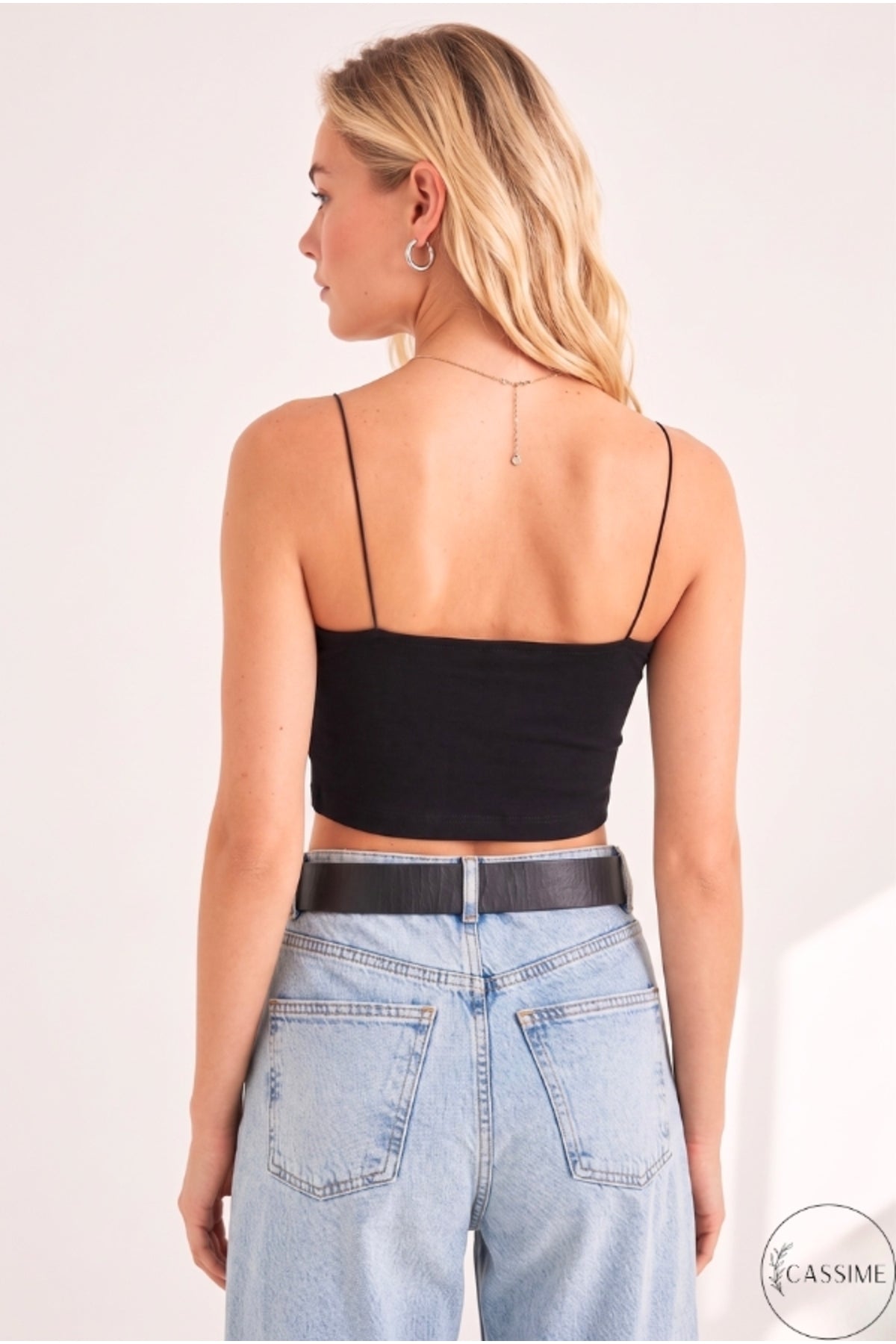 Evelyn Women's Knit Spaghetti Strap Crop Top - Black Solid