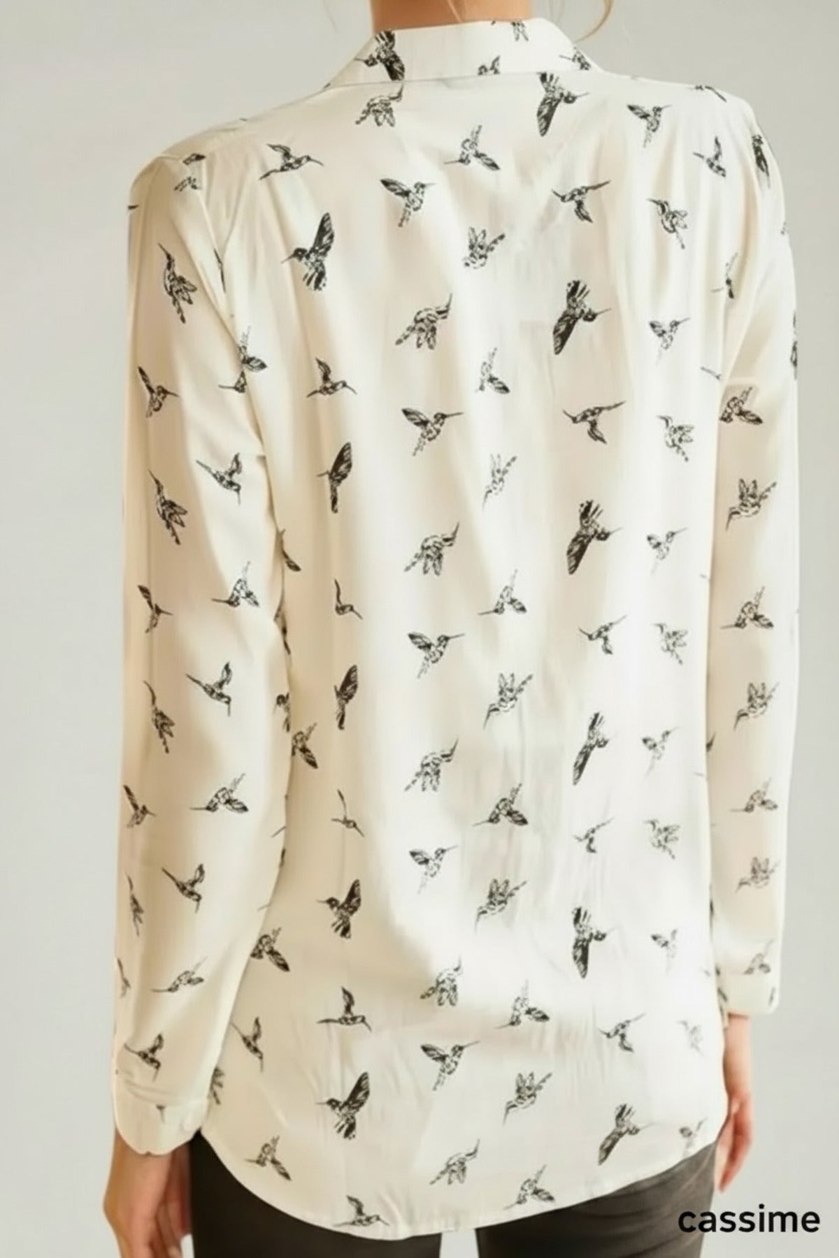 Amelia Women's Viscose Long Sleeve Button-Up Shirt - White Bird Motif