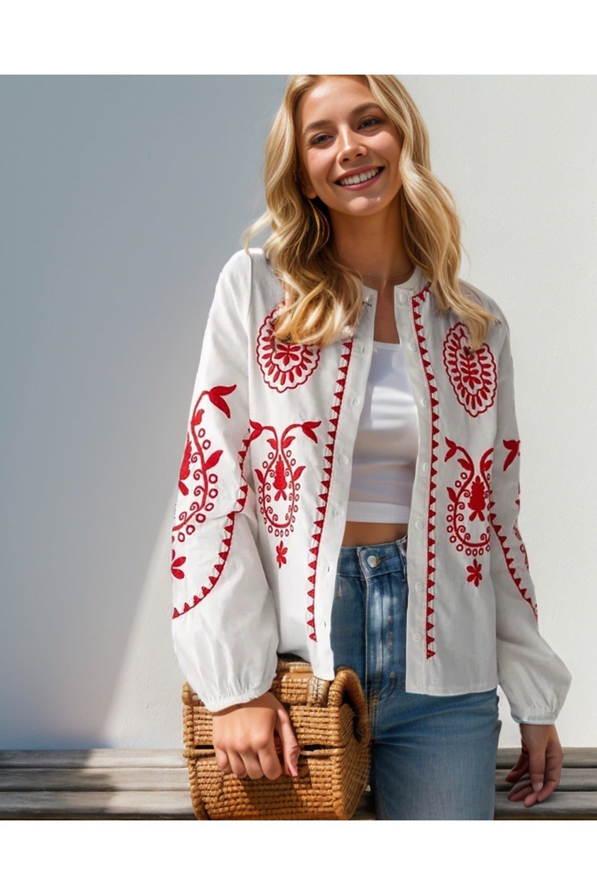 Nina Women's Cotton Embroidered Button-Up Shirt Jacket - Red Embroidered