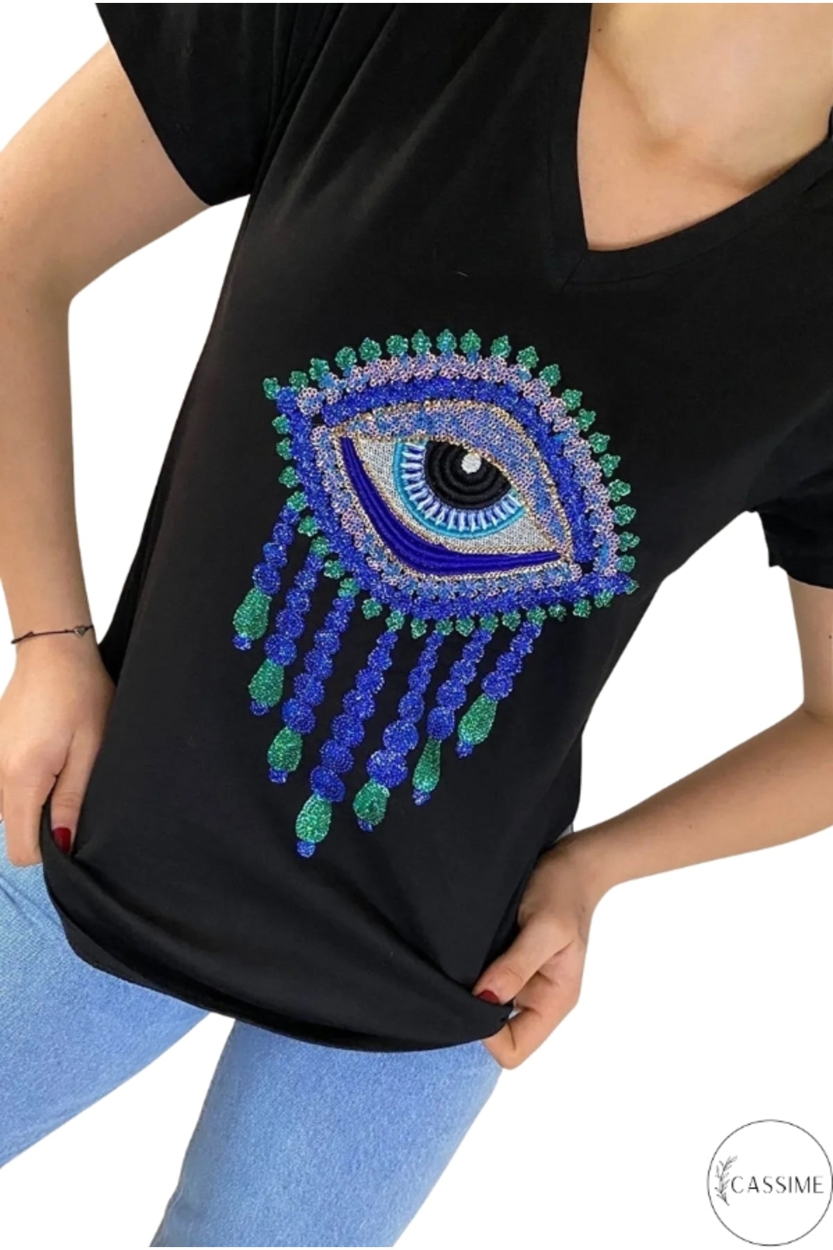 Olivia Women's Cotton Plus Size Embellished V-Neck T-Shirt - Black Evil Eye Pattern