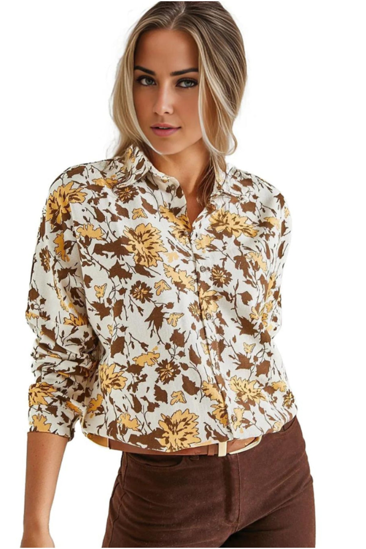 Emilia Women's Linen Blend Oversized Printed Shirt - Brown Floral