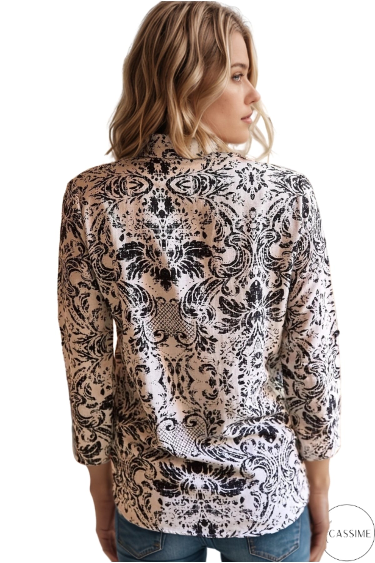 Amelia Women's Viscose Long Sleeve Button-Up Shirt - Black Boho Print