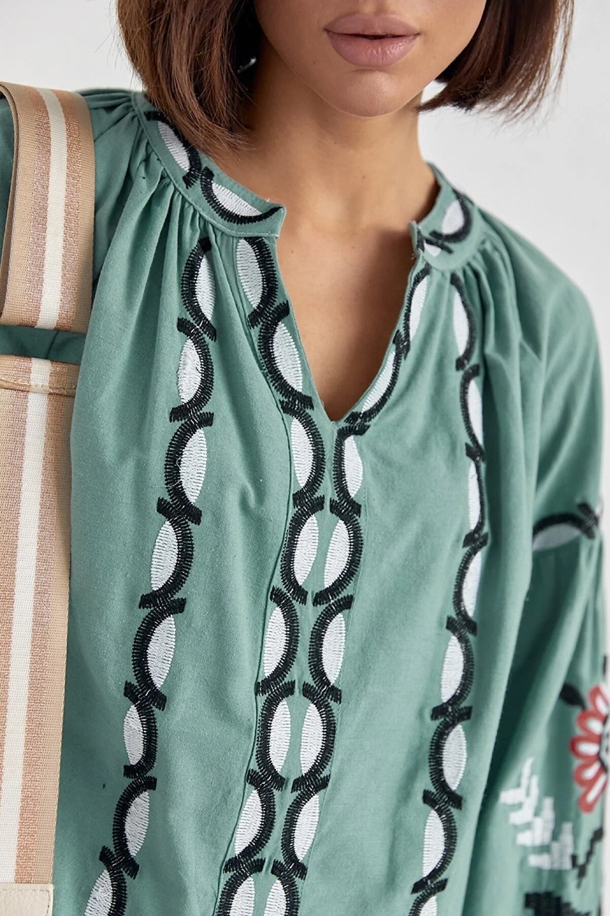 Rosa Women's Cotton Embroidered Long Sleeve Tie Blouse - White with Light Green Embroidery