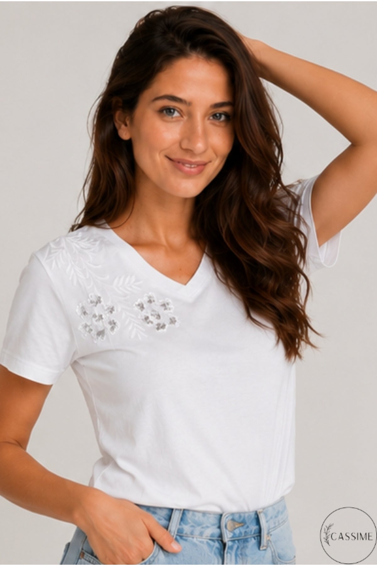 Emma Women's Cotton Embellished T-Shirt - White with Floral Shoulder Sequins