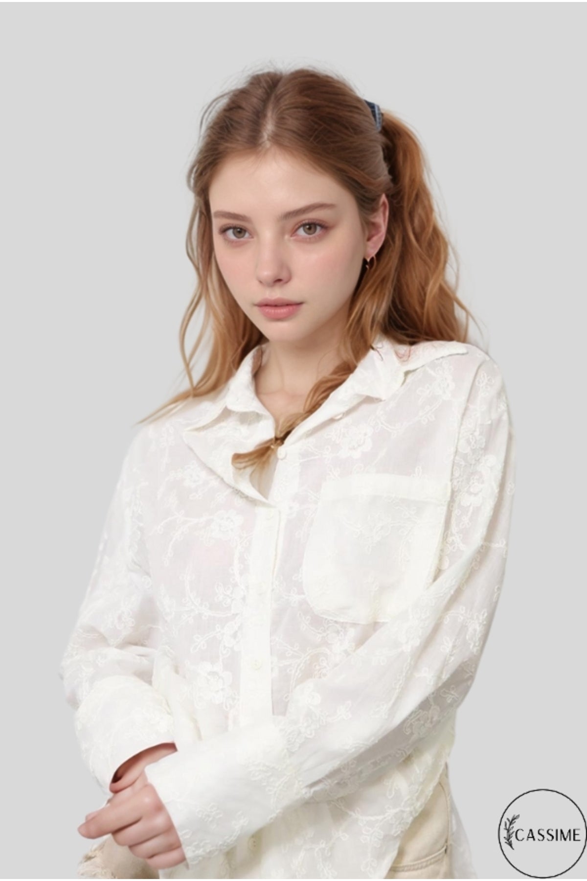 Florence Women's Cotton Floral Embroidered Pocket Shirt - White Floral